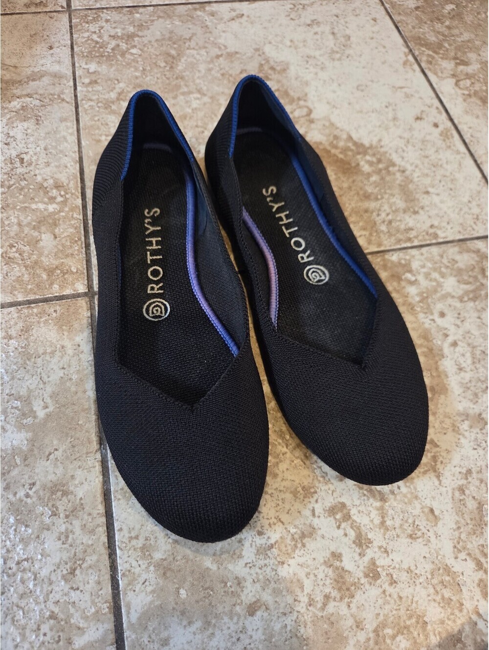 Rothy's The Flat Women's Black Pointed Toe Shoes with Blue Signature Thread Heel